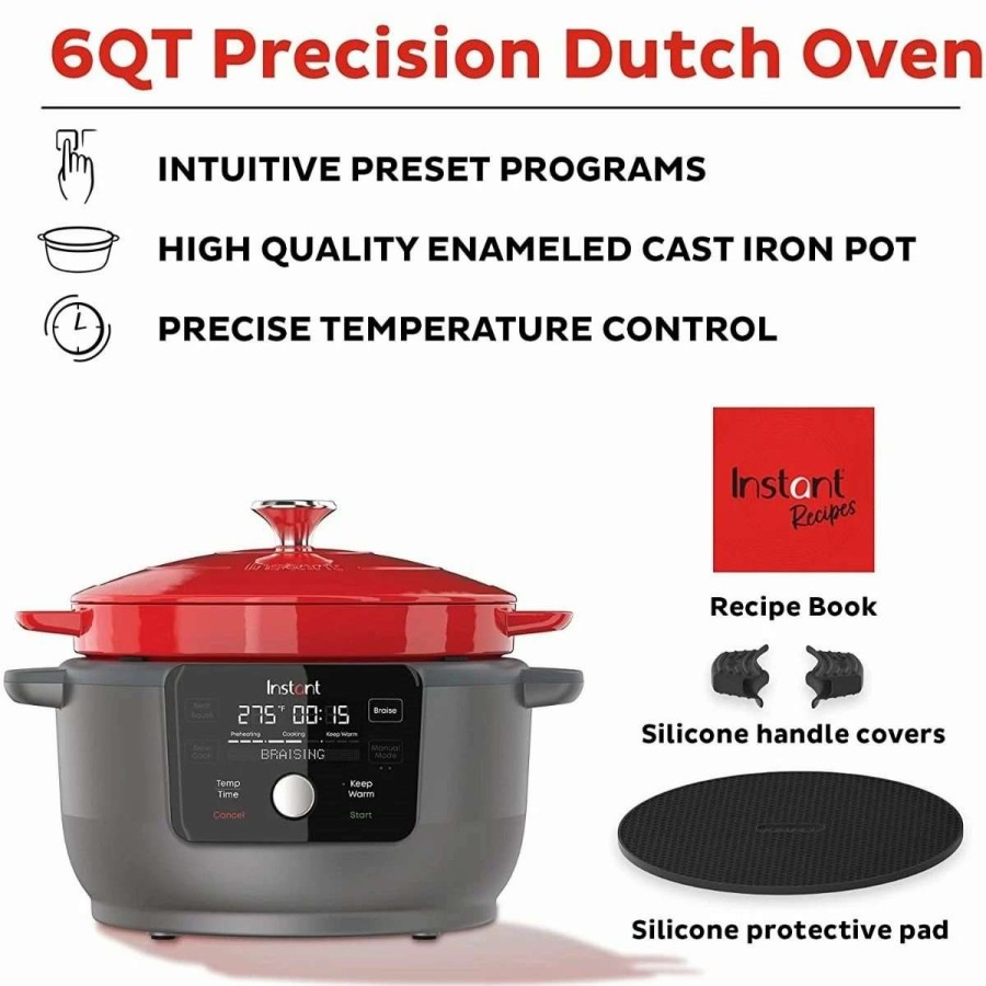 Frying, Grilling & Cooking * | Hot Sale Instant 6-Quart Precision Dutch Oven Multi-Cooker | Red Red