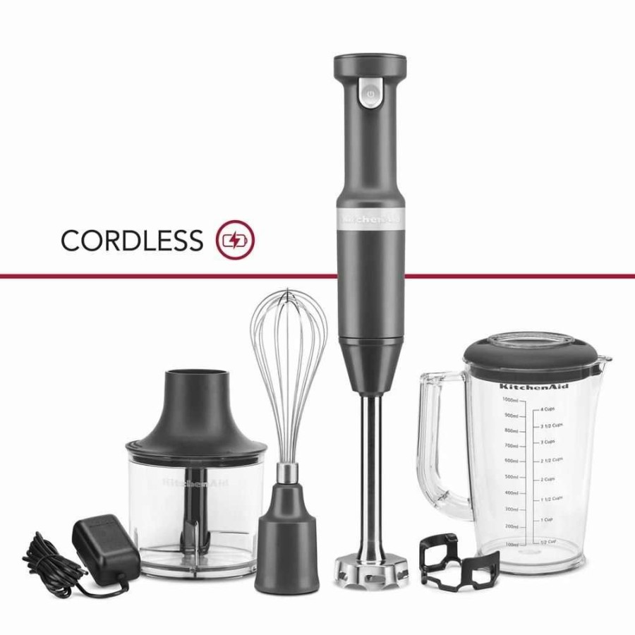 Blending & Drinks * | Outlet Kitchenaid Variable Speed Cordless Hand Blender + Chopper & Whisk Accessories | Matte Charcoal Grey Gray