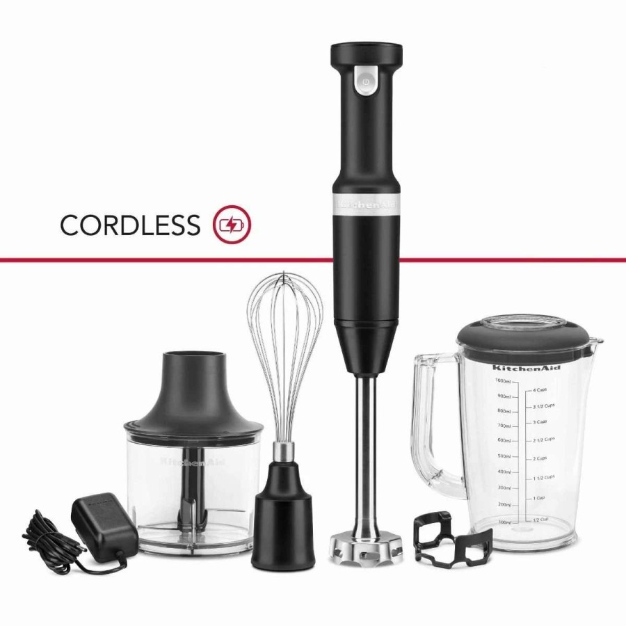 Blending & Drinks * | Best Pirce Kitchenaid Variable Speed Cordless Hand Blender + Chopper & Whisk Accessories | Black Matte Black