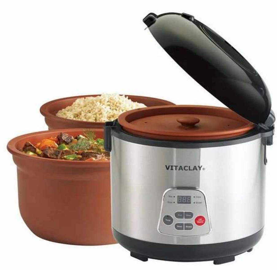 Frying, Grilling & Cooking * | Buy Vitaclayr 2-In-1 Rice Slow Cooker & Clay Insert Round, 6-Cup / 3.2-Quart Black & Stainless, Natural