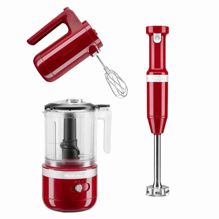 Blending & Drinks * | New Kitchenaid Empire Red Cordless Small Appliances Set | Hand Mixer, Hand Blender & Food Chopper Red