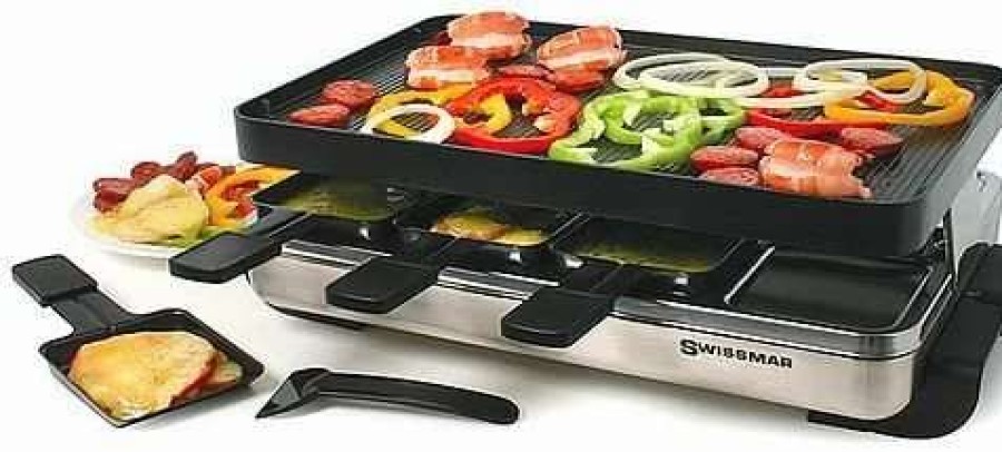 Frying, Grilling & Cooking * | Deals Swissmar Stelvio Raclette Grill Non-Stick Reversible & Stainless 8 Person Black & Stainless