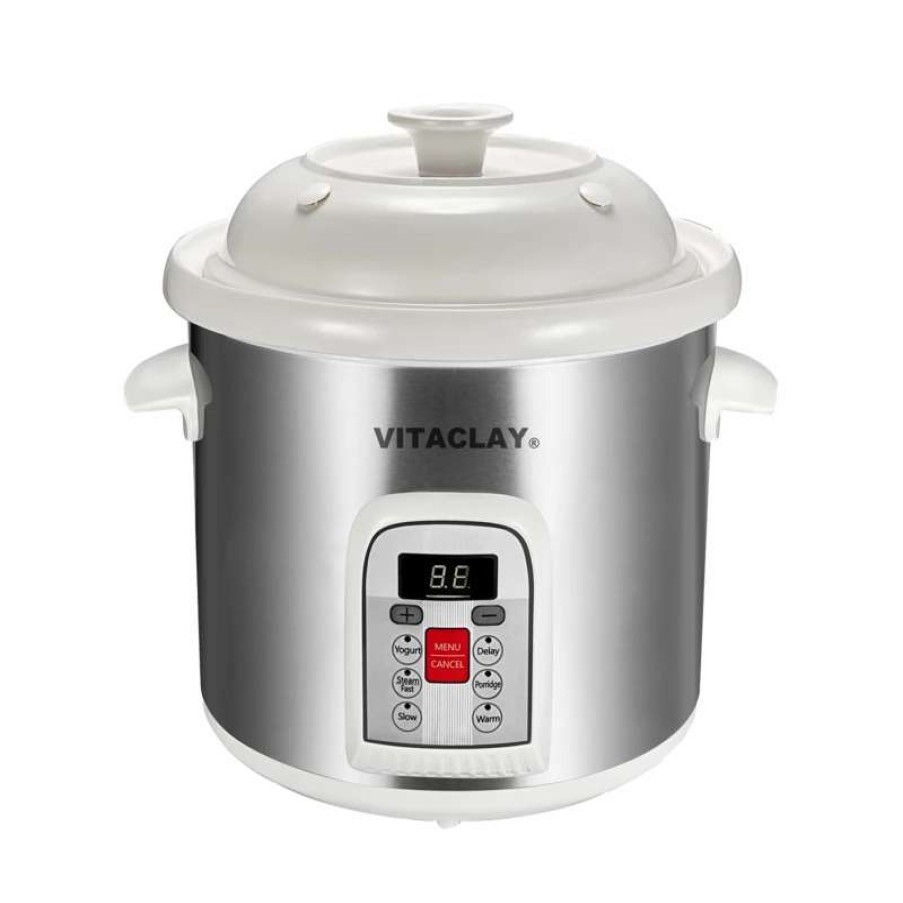 Frying, Grilling & Cooking * | Top 10 Vitaclay Smart 6-In-1 Crock & Stock Pot Stoneware (6.5 Qt) Silver, White